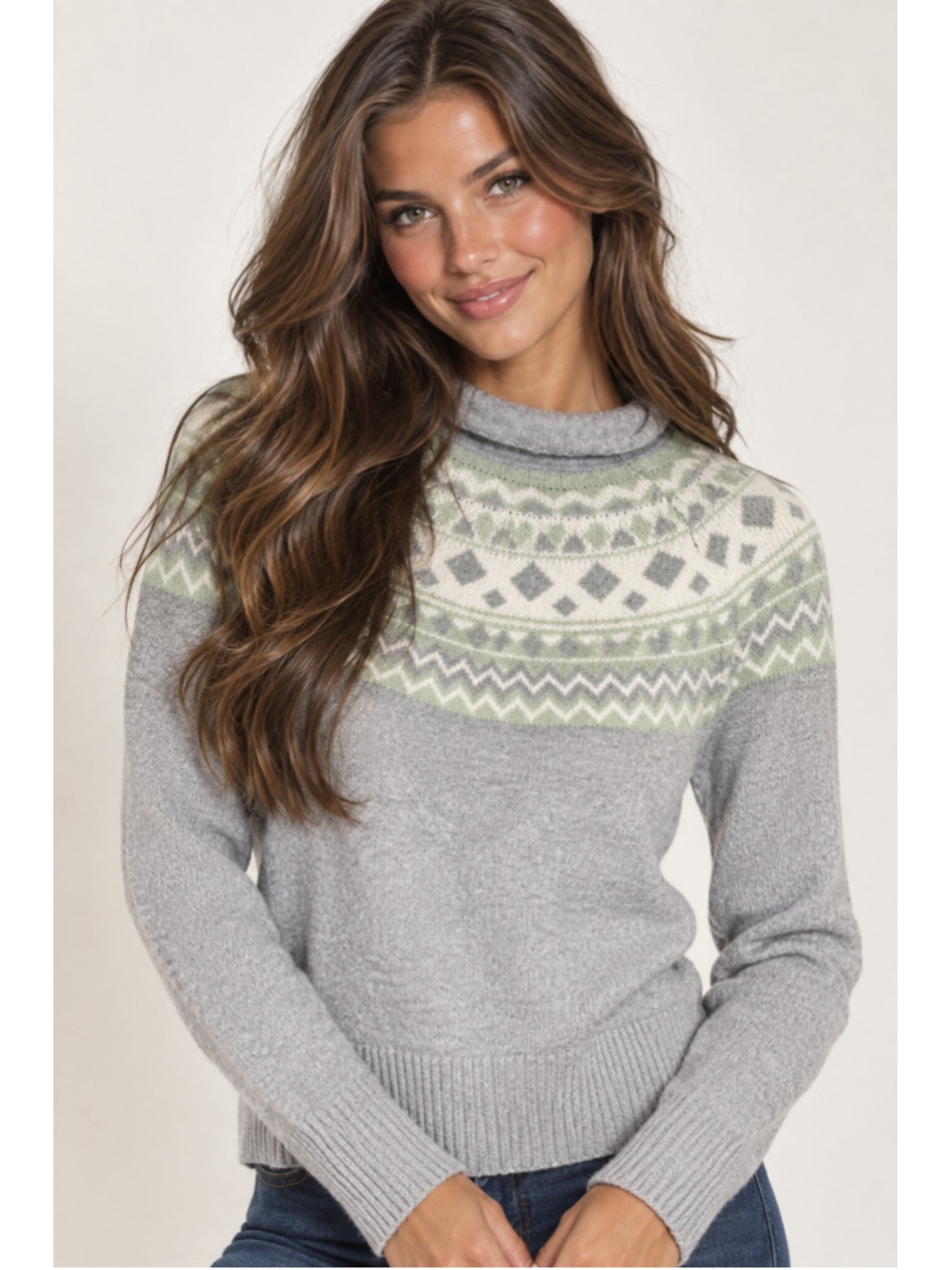 Tahari Fair Isle Knit Sweater Cozy Nordic Après Ski Cottagecore Gray Green M